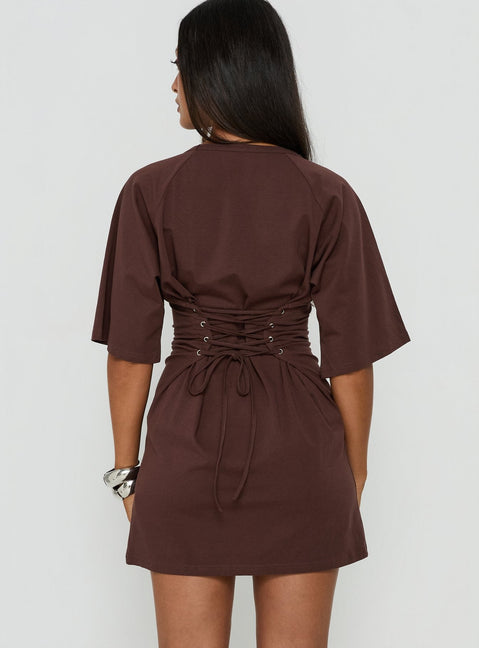 Enzia Raglan Lace Up Mini Dress Brown