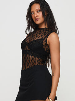 side view of model wearing Princess Polly Liedman Bodysuit Black Sleeveless Crew Neck 