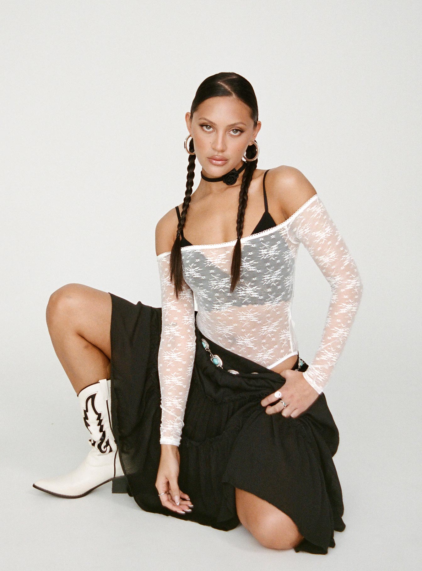 front view of model wearing Princess Polly Mademoiselle Bodysuit White Full Sleeves straight 