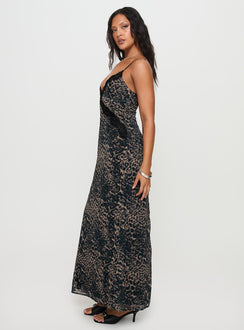 side view of model wearing Princess Polly Rosalba Maxi Dress Leopard Plunger 