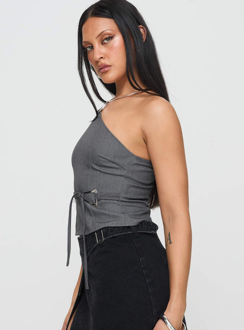 side view of model wearing Princess Polly Sayaka Top Charcoal Sleeveless Asymmetric Neckline 