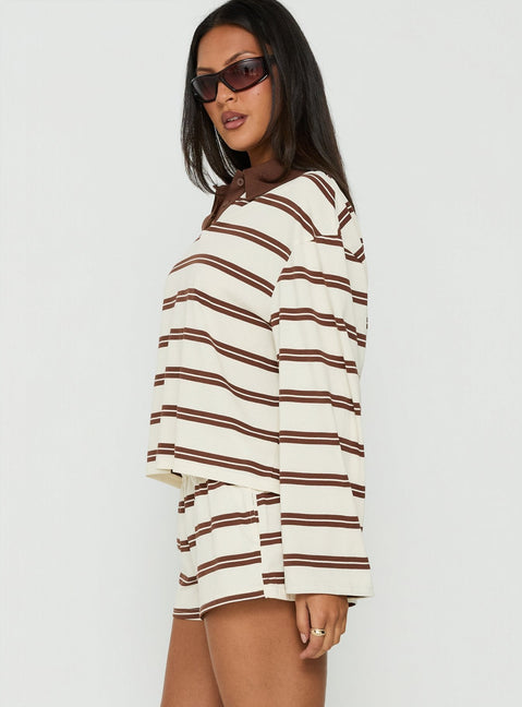 Eddi Long Sleeve Polo Top Cream / Brown Stripe