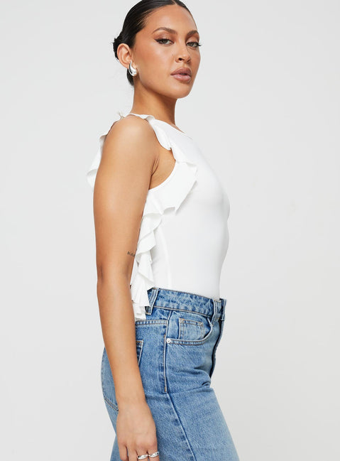 side view of model wearing Princess Polly Lavina Bodysuit White Sleeveless Crew Neck 