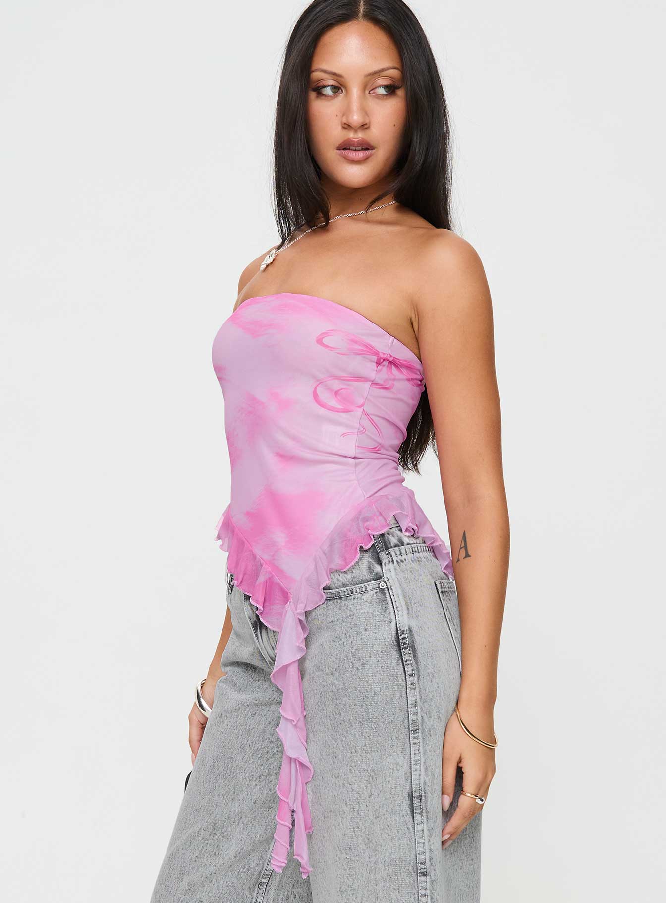 side view of model wearing Princess Polly Travessa Asymmetric Tube Top Pink Sleeveless straight 