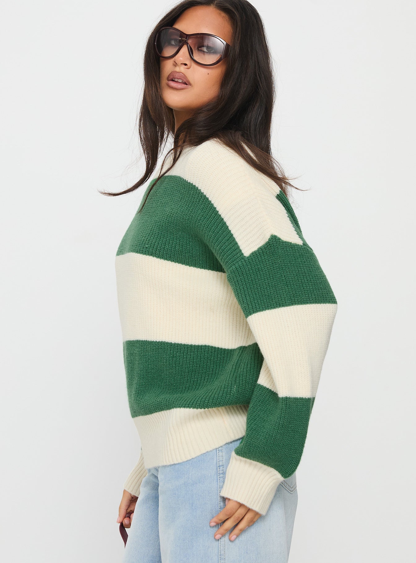 Infallible Crew Neck Knit Sweater Green / Cream Stripe