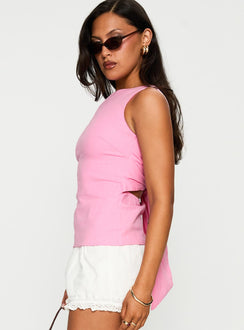 side view of model wearing Princess Polly Michaud Top Pink Sleeveless Crew Neck 