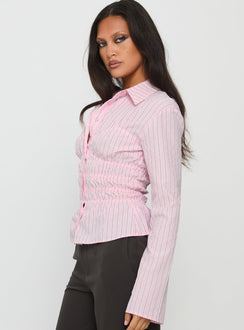 Liesel Shirred Long Sleeve Top Pink Stripe