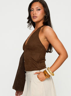 Richness Faux Suede Halter Top Brown