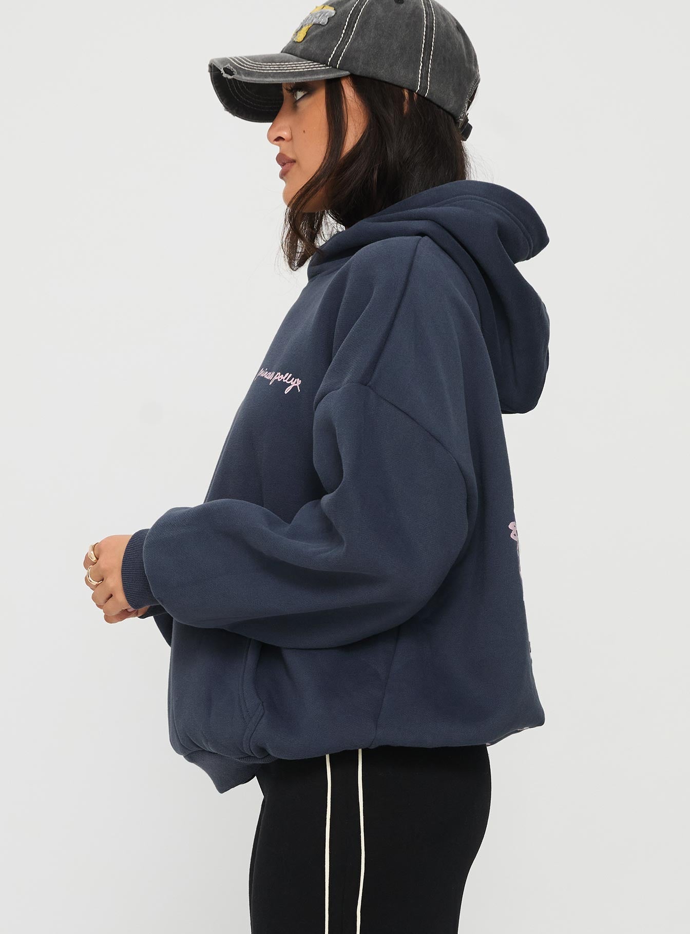 side view of model wearing Princess Polly Princess Polly Love Letter Graphic Hoodie Slate Grey 