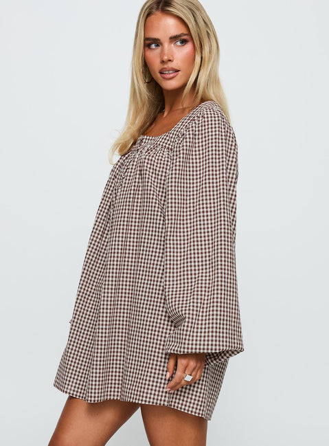 Lilibet Long Sleeve Mini Dress Brown Check
