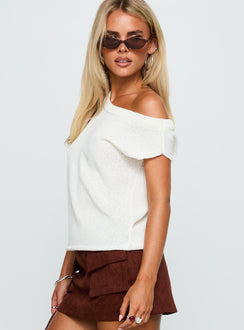 side view of model wearing Princess Polly Ashfield Off Shoulder Top White Short Sleeves Asymmetric Neckline 