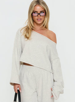 front view of model wearing Princess Polly Retreat Raw Edge Off Shoulder Jumper Snow Marle cropped 
