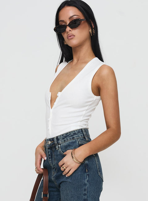 side view of model wearing Princess Polly Avahlee Bodysuit White Sleeveless 