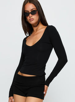 side view of model wearing Princess Polly Count Me In Long Sleeve Top Black Full Sleeves V-Neck 