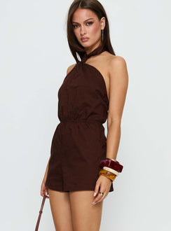 Presslee Tie Neck Playsuit Brown