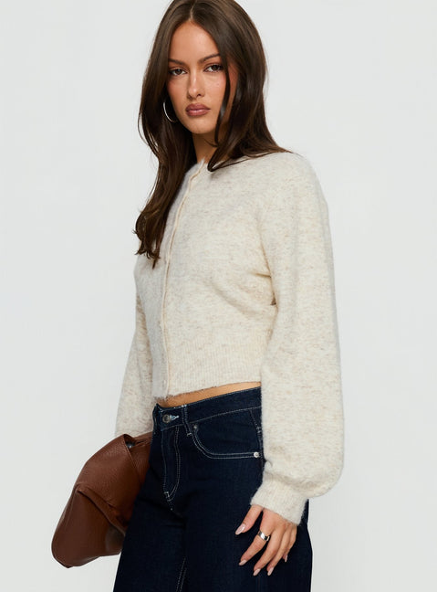 side view of model wearing Princess Polly Dawsen Button Down Cardigan Cream cropped Jumpers 