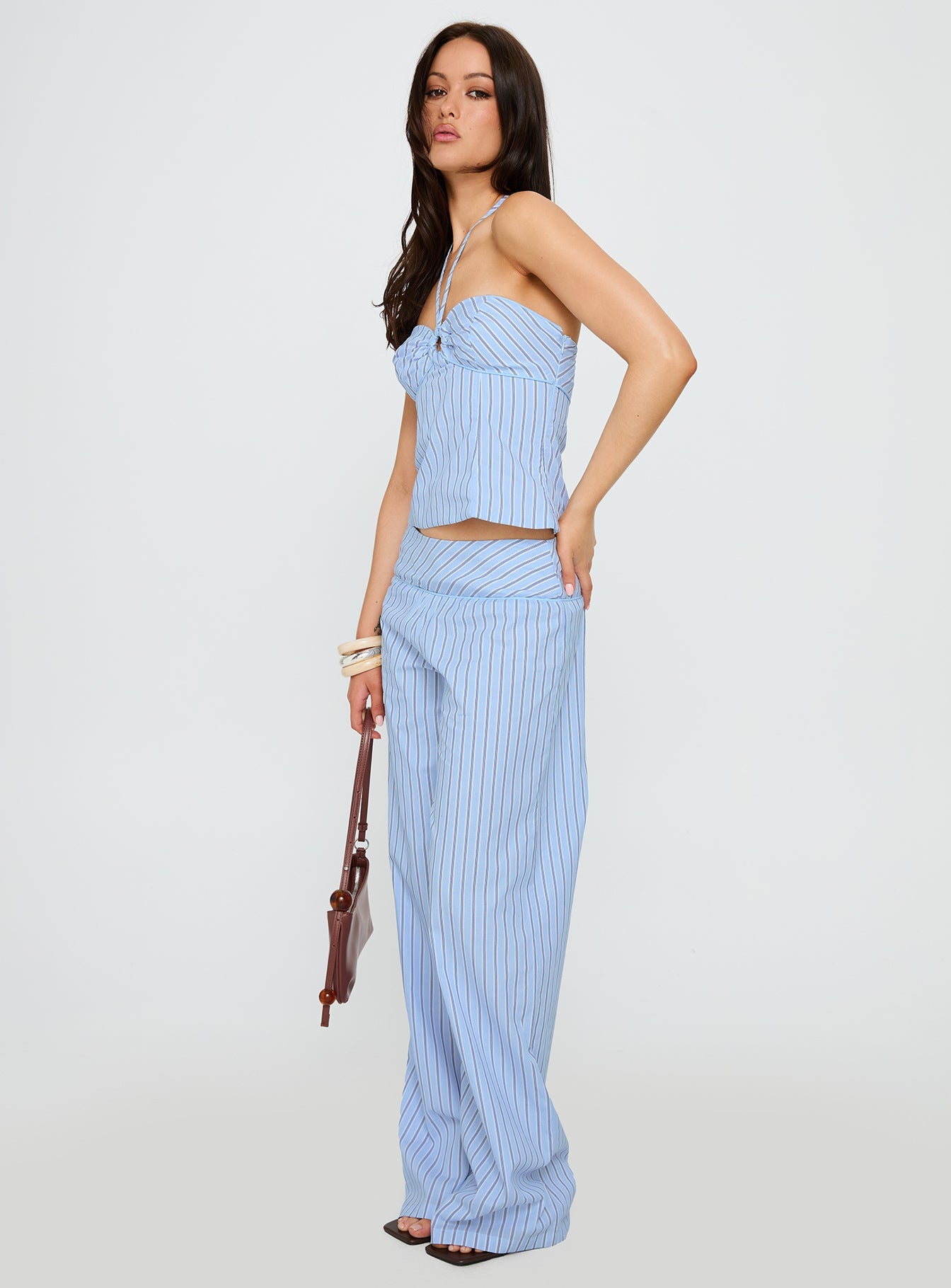 front view of model wearing Princess Polly Sofea Mid Rise Pant Blue Stripe High Waisted Pants 