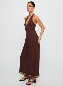 side view of model wearing Princess Polly Chestnut Drop Waist Maxi Dress Brown Plunger 