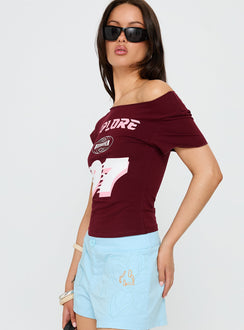 Xplore 97 Off Shoulder Graphic Top Burgundy