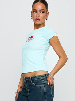 side view of model wearing Princess Polly Sweet Swans Baby Tee Blue Short Sleeves Crew Neck 