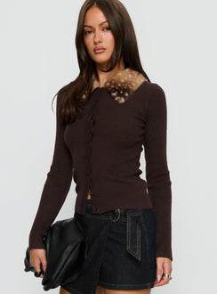 front view of model wearing Princess Polly Chiqueeta Faux Fur Trim Knit Cardigan Brown cropped 