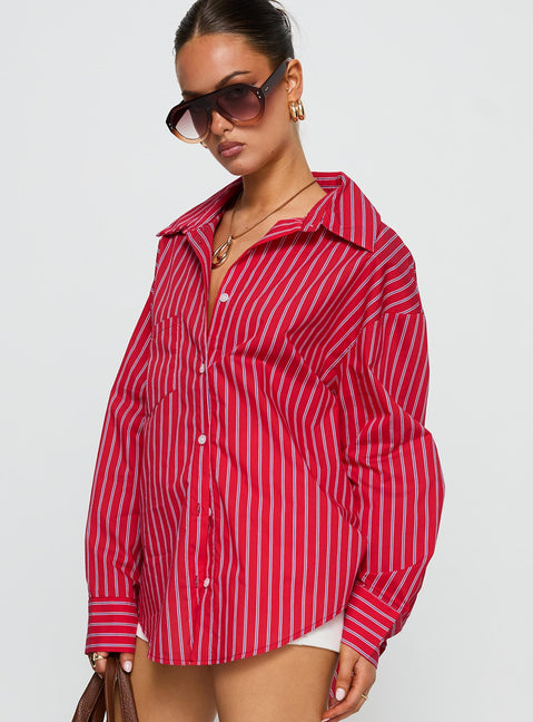 side view of model wearing Princess Polly Kodhi Oversized Long Sleeve Top Red Stripe Full Sleeves V-Neck 