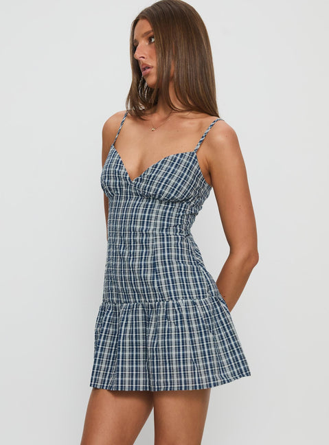 Jessamae Drop Waist Playsuit Blue Check