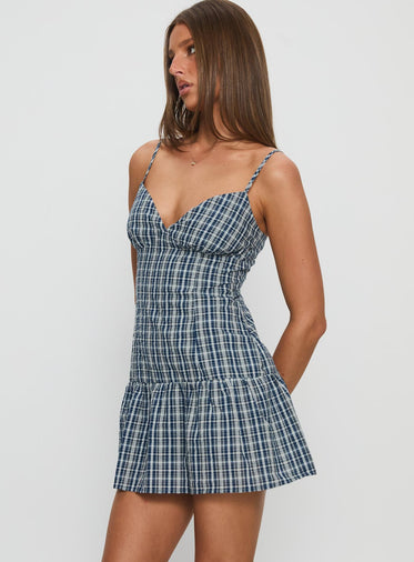 Jessamae Drop Waist Playsuit Blue Check