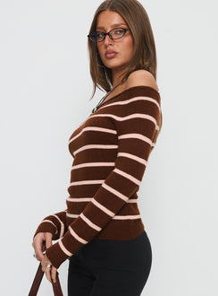 Out Of Reach Off Shoulder Knit Sweater Brown Stripe