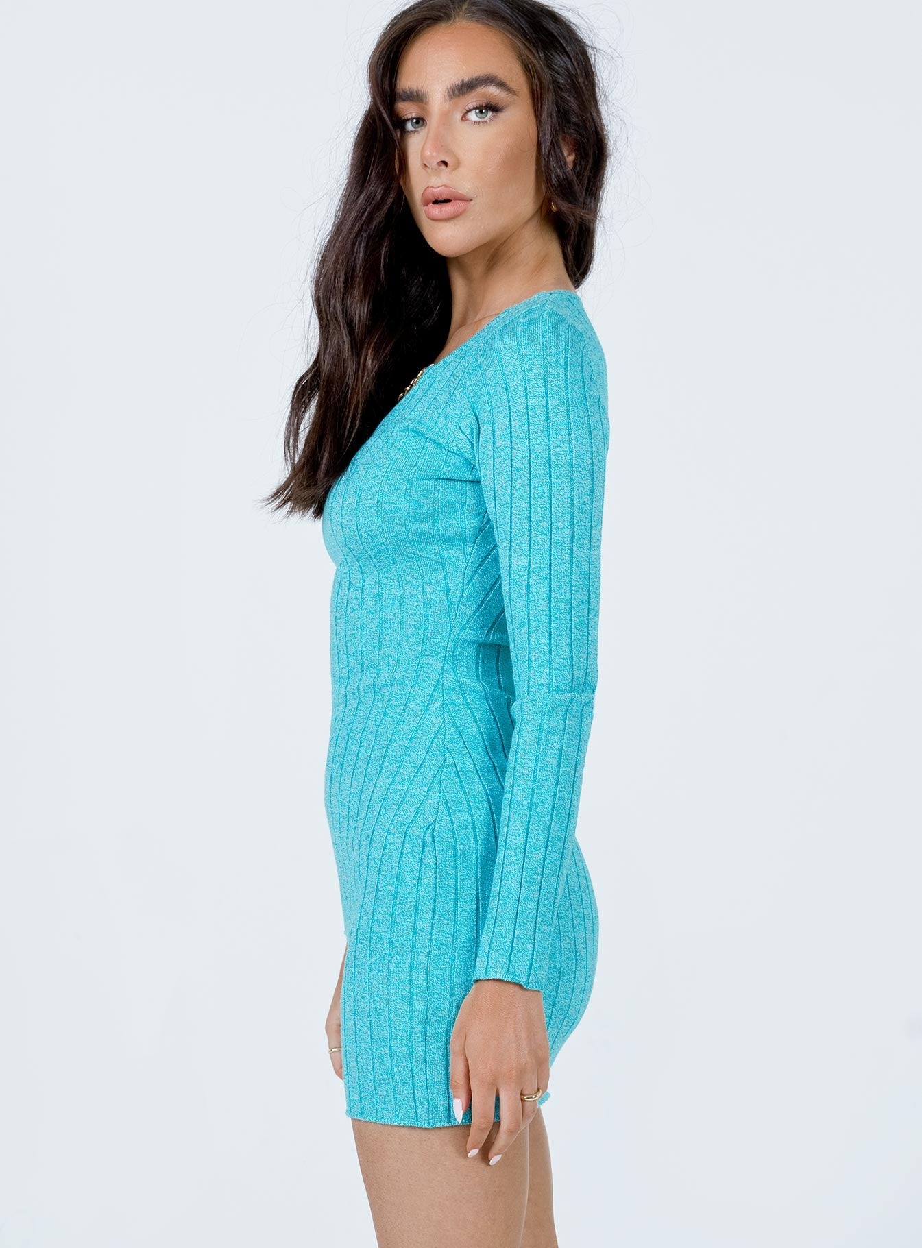 side view of model wearing Princess Polly Shanti Long Sleeve Mini Dress Teal 