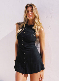 side view of model wearing Princess Polly Dollie Linen Mini Dress Black High Neck 