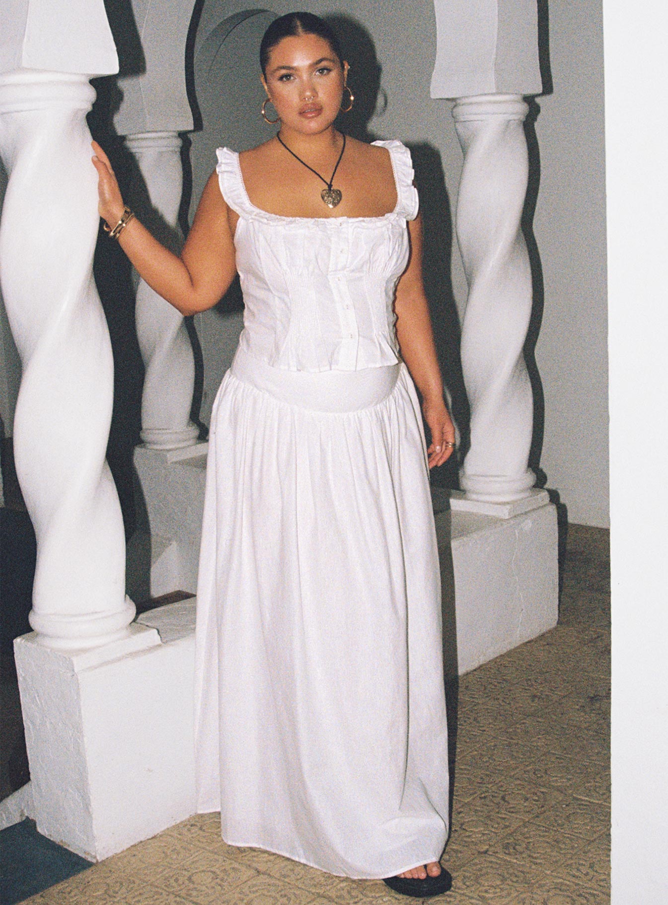   front view of model wearing Princess Polly Valerio Maxi Skirt White Curve Maxi 