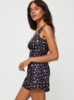 Floral romper V-neckline, slight ruching at bust, invisible zip and tie fastening at back