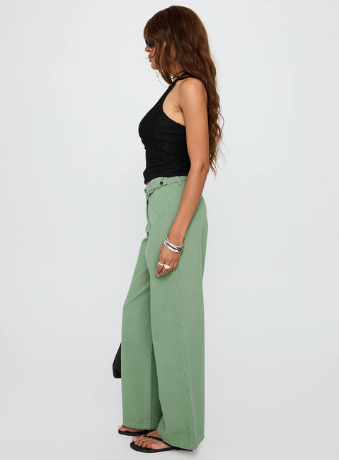 side view of model wearing Princess Polly Mercadi Cargo Straight Leg Jeans Green High Waisted 