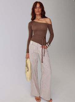 front view of model wearing Princess Polly Vendi Low Rise Pant Brown Stripe Low Rise Pants 