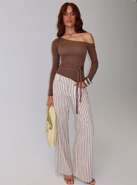 front view of model wearing Princess Polly Vendi Low Rise Pant Brown Stripe Low Rise Pants 