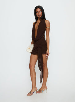 Snakepit Halter Plunge Mini Dress Chocolate