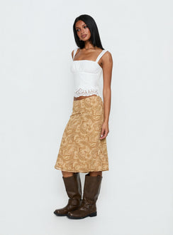   side view of model wearing Princess Polly Moses Midi Skirt Paisley Midi Skirts 