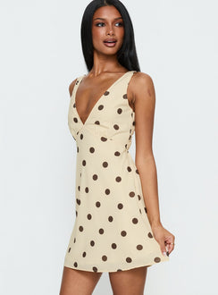 Nellie Mini Dress Lemon / Brown Polka Dot