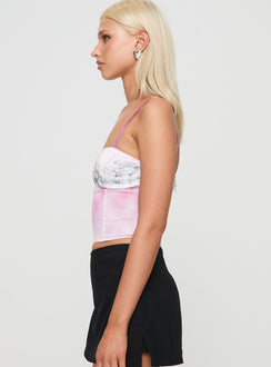 side view of model wearing Princess Polly Sakura Top Multi Sleeveless Sweetheart 