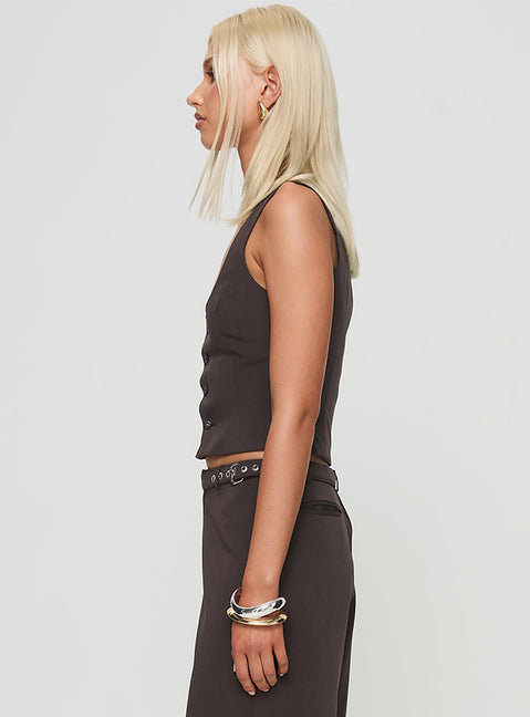 side view of model wearing Princess Polly Airi Top Brown Sleeveless Scoop Neck 