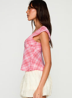 side view of model wearing Princess Polly Jazz Club Top Pink Check Short Sleeves Plunger 
