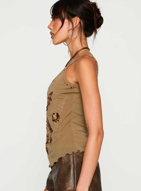 side view of model wearing Princess Polly Start Of Summer Sequin Top Brown Sleeveless Scoop Neck 