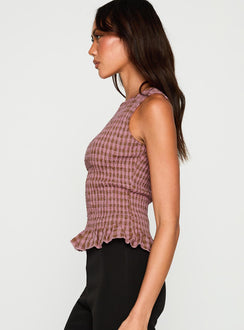 side view of model wearing Princess Polly Chauntelle Ruched Top Pink Check Sleeveless Crew Neck 