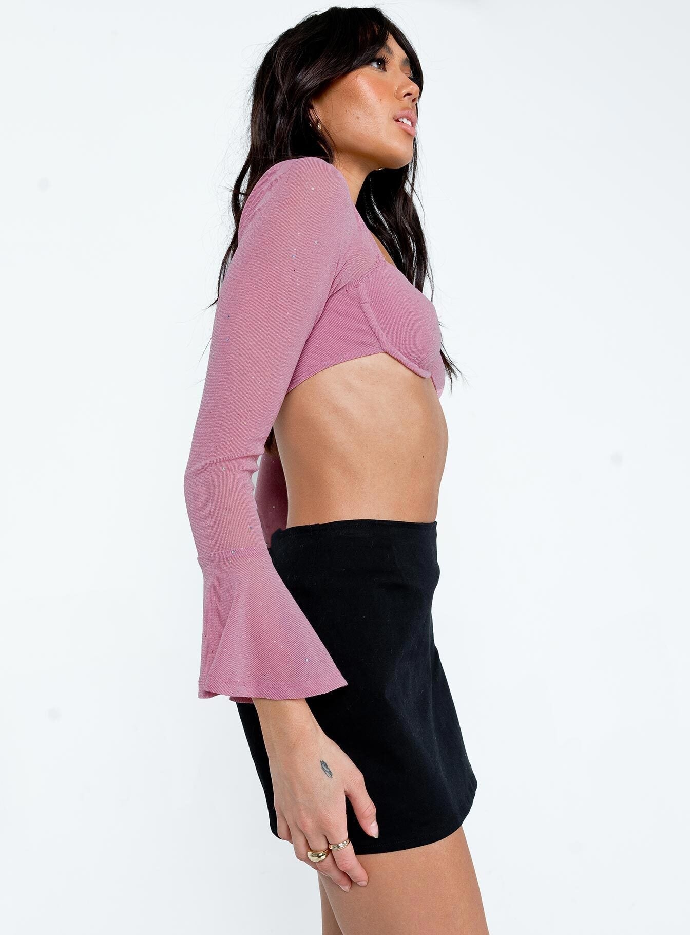 side view of model wearing Princess Polly Devin Long Sleeve Top Pink Sleeveless Square Neck 