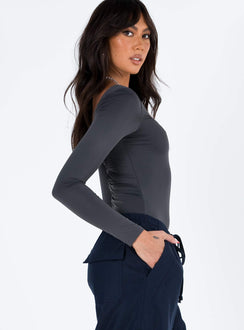 side view of model wearing Princess Polly Corthay Bodysuit Grey Full Sleeves Scoop Neck 