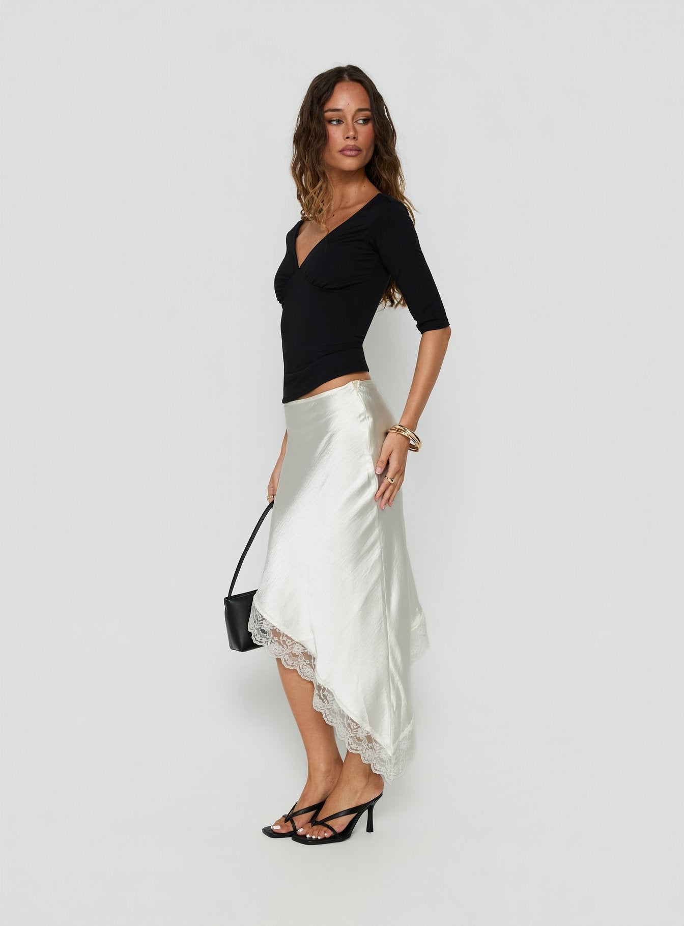 Koletta Asymmetrical Lace Trim Satin Midi Skirt Ivory