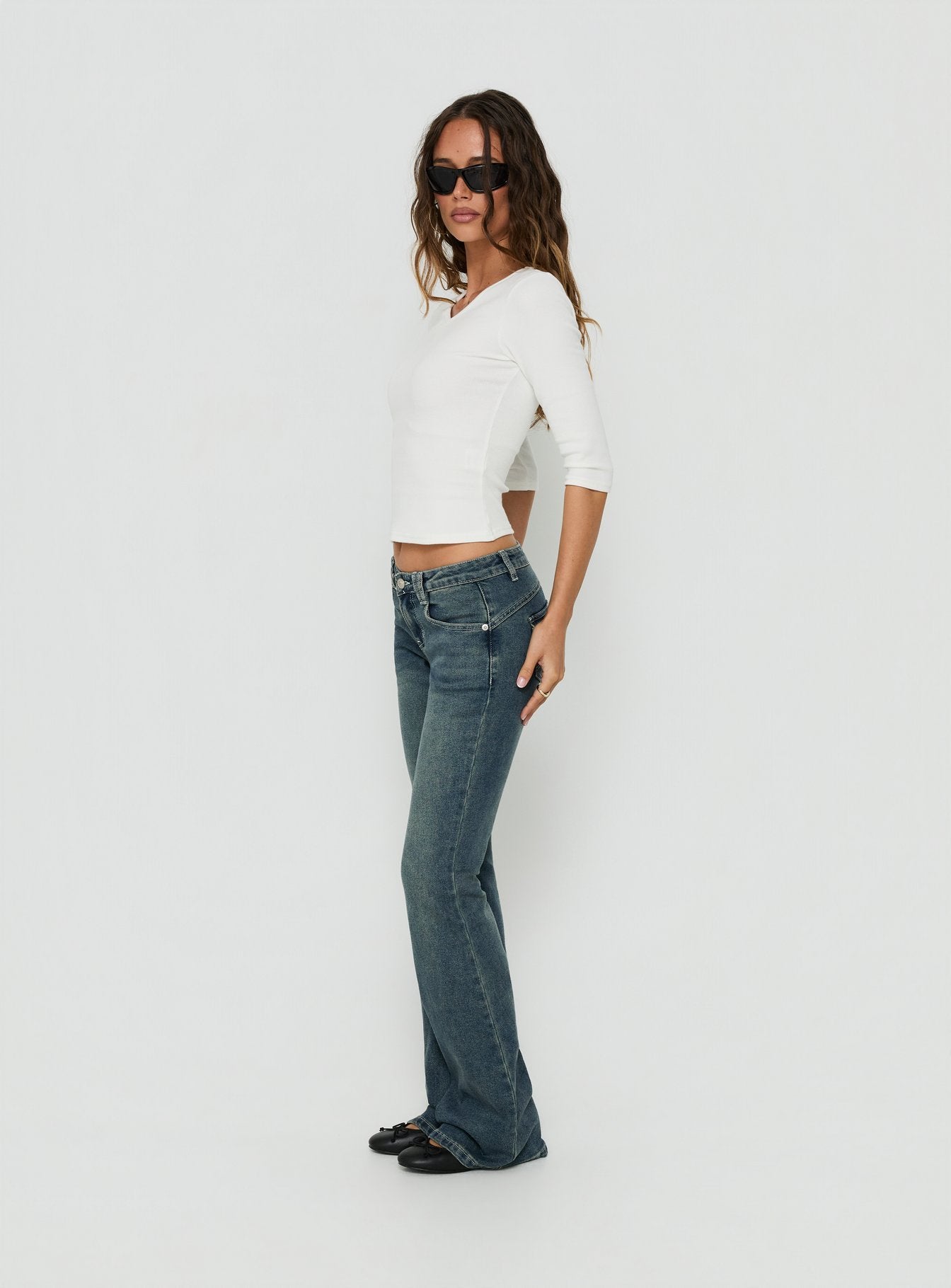 Clynee Ultra Low Rise Bootleg Jeans Dirty Blue