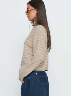 side view of model wearing Princess Polly Raynna Button Up Cardigan Beige Stripe Cropped Jumpers 