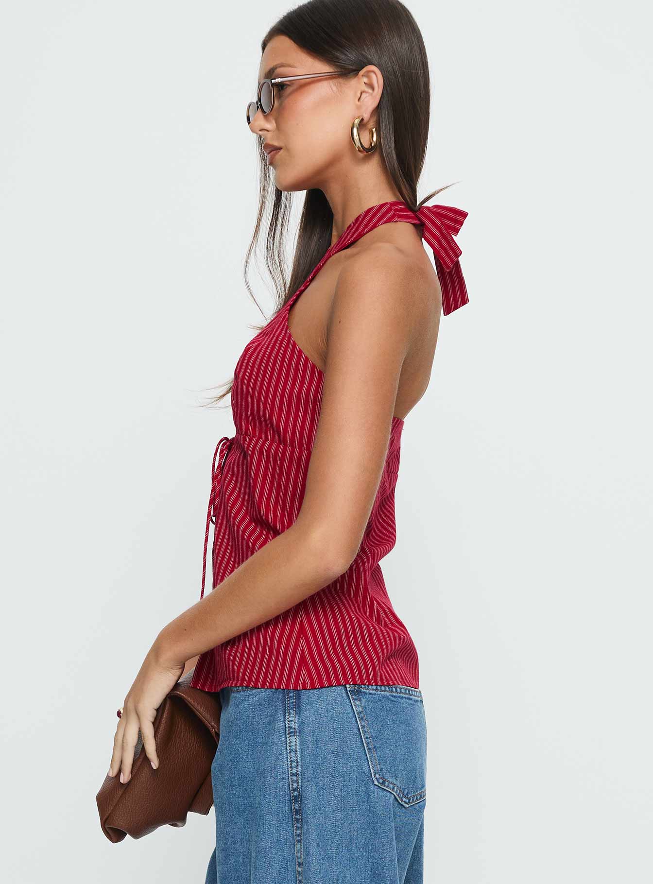 Sensational Cross Front Tie Detail Top Red Stripe